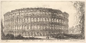 Levy 12: Flaviuksen amfiteatteri, nimeltään Colosseum. 1. Konstantinuksen kaari. 2. Palat..., n. 1748. tekijältä Giovanni Battista Piranesi