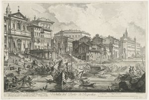 Ripetta te Rooman satama Näkymä Ripettan satamasta (otsikko esineessä) Gezichten op Rome (sarjan nimi) Näkymät Roomaan suunnitellut ja kaivertanut Giambattista Piranesi arkkitehti Ve (nez) iano (sarjan nimi) tekijältä Giovanni Battista Piranesi