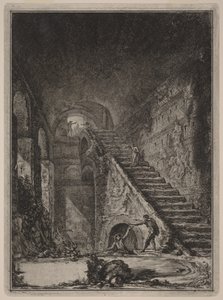 Perspektiivikuva edellä mainittujen majoitustilojen vesisäiliön portaikosta, joka on merkitty pohjapiirrokseen taulussa XIII kirjaimella G tekijältä Giovanni Battista Piranesi