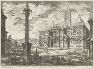Santa Maria Maggiore Roomassa Näkymä Santa Maria Maggioren basilikasta ja mainitun basilikan kaksi sivutehdasta (otsikko esineessä) Gezichten op Rome (sarjan nimi) Näkymät Roomaan suunnitellut ja kaivertanut Giambattista Piranesi arkkitehti Ve (nez) ia tekijältä Giovanni Battista Piranesi