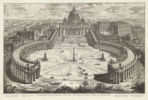 Sint-Pietersplein ja Sint-Pietersbasiliek te Vaticaanstad Näkymä kuuluisalle Vatikaanin basilikalle, jossa on suuri Portico, ja viereiselle Piazzalle (otsikko esineessä) Gezichten op Rome (sarjan nimi) Näkymät Roomaan Giambattista Piranesin kaaren suunnitt