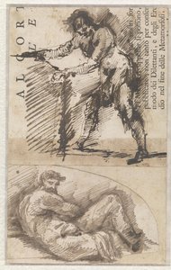 Tutkielma seisovasta mieshahmosta, joka mittaa jalustaa (a). Tutkielma Michelangelon Päivä-veistoksen mukaan (b) tekijältä Giovanni Battista Piranesi