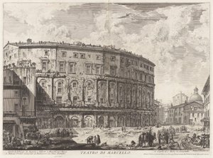 Marcellus-teatteri. Tämän rakennuksen rakensi Augustus ja omisti sen veljenpojalleen Marcellukselle, Vedute di Romasta (näkymät Roomaan) tekijältä Giovanni-Battista Piranesi