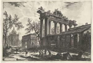 Rooman Saturnuksen temppeli Toinen näkymä Concordian temppelin Pronaoksen jäännöksistä (otsikko esineessä) Gezichten op Rome (sarjan nimi) Näkymät Roomaan suunnitellut ja kaivertanut Giambattista Piranesi arkkitehti Ve (nez) iano (sarjan nimi) tekijältä Giovanni Battista Piranesi