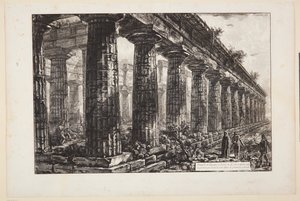 Neptunuksen temppeli Paestumissa sivulta nähtynä ja suurempana piirrettynä kuin ensimmäisessä taulussa tekijältä Giovanni Battista Piranesi