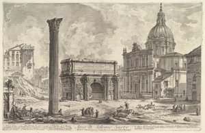 Septimius Severuksen riemukaari ja Santa Martinan kirkko oikealla (Septimius Severuksen riemukaari), teoksesta "Vedute di Roma" tekijältä Giovanni Battista Piranesi