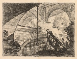 Vankilat: Sarja gallerioita, joissa on nosturimainen palkkien pystytys tekijältä Giovanni Battista Piranesi