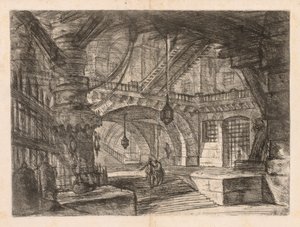 Vankilat: Leveä sali, jossa on lyhdyt tekijältä Giovanni Battista Piranesi