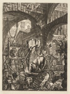 Vankilat: Arkkitehtoninen medly, jossa mies kalliolla etualalla, 1745-50. tekijältä Giovanni Battista Piranesi