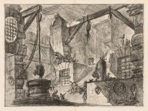 Vankilat: pylväikköinen sisustus leveillä portailla tekijältä Giovanni Battista Piranesi