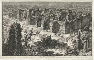 Thermen van Caracalla te Rooma Antoninian kylpylän rauniot (otsikko esineessä) Gezichten op Rome (sarjan nimi) Näkymät Roomaan suunnitellut ja kaivertanut Giambattista Piranesi arkkitehti Ve (nez) iano (sarjan nimi) tekijältä Giovanni Battista Piranesi