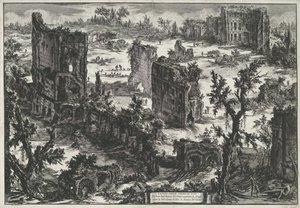 Thermen van Trajanus te Rooma Näkymä Tiaisten kylpylöistä (...) (otsikko esineessä) Gezichten op Rome (sarjan nimi) Näkymät Roomaan suunnitellut ja kaivertanut Giambattista Piranesi arkkitehti Ve (nez) iano (sarjan nimi) tekijältä Giovanni-Battista Piranesi