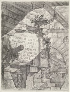 Otsikkoprintti kasvot vankityrmässä ja otsikko seinällä Dungeons (sarjan nimi) Invenzioni Capric di Carceri all Acqua Forte (sarjan nimi esineessä) tekijältä Giovanni Battista Piranesi