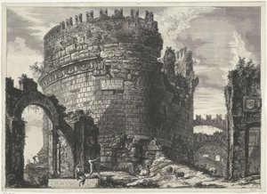 Tombe van Caecilia Metella Roomassa Cecilia Metellin hauta (...) (otsikko esineessä) Gezichten op Rome (sarjan nimi) Rooman näkymät piirtänyt ja kaivertanut Giambattista Piranesi arkkitehti Ve(nez)iano (sarjan nimi) tekijältä Giovanni-Battista Piranesi