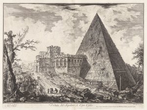 Veduta del Sepolcro di Cajo Cestio (näkymä Caius Cestiuksen pyramidihaudalle [jossa Porta S. Paolo vasemmalla]), Vedute di Romasta (näkymät Roomaan) tekijältä Giovanni Battista Piranesi