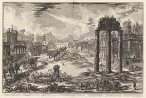 Veduta di Campo Vaccino (näkymä Campo Vaccinolle [Roomalainen foorumi, Castorin ja Polluxin temppeli oikealla]), Vedute di Romasta (näkymät Roomaan) tekijältä Giovanni-Battista Piranesi