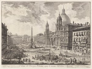 Näkymä Piazza Navona -aukiolle Domitianuksen sirkuksen raunioiden yläpuolella, Vedute di Romasta (näkymät Roomaan) tekijältä Giovanni Battista Piranesi