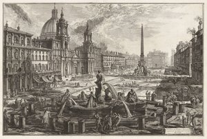 Näkymä Piazza Navonalle Circus Agonaliksen (Domitianuksen sirkuksen) raunioiden yllä, sarjasta "Näkymiä Roomasta" tekijältä Giovanni Battista Piranesi
