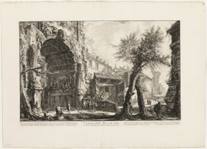 Näkymä Tituksen kaarelle Vedute di Romasta (näkymät Roomaan) tekijältä Giovanni Battista Piranesi