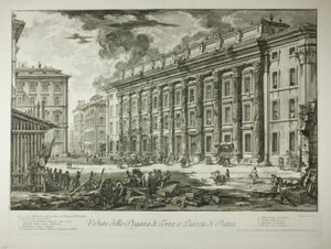 Näkymä Piazza di Pietran tullitaloon, joka on rakennettu Marcus Aurelius Antoninus Piuksen Forumilla sijaitsevan temppelin raunioille, alkaen Views of Rome (Näkymiä Roomasta) tekijältä Giovanni Battista Piranesi