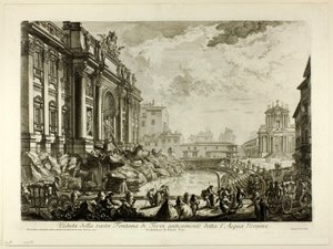 Näkymä suurelle Trevin suihkulähteelle, jota aiemmin kutsuttiin Acqua Vergineksi, Views of Rome -näkymästä tekijältä Giovanni-Battista Piranesi