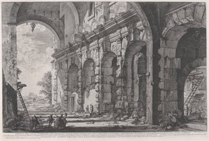 Näkymä keisari Domitianuksen rakentamien villieläinten häkkien yläkerroksesta, joka liittyy Flaviuksen amfiteatteriin ja jota kutsutaan yleisesti Curia Hostiliaksi, n. 1760-1778 (etsaus) tekijältä Giovanni Battista Piranesi