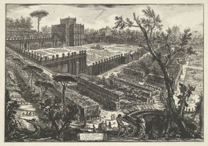 Villa Doria Pamphili Roomassa Villa Panfili Porta S. Pancrazion ulkopuolella (otsikko esineessä) Gezichten op Rome (sarjan nimi) Näkymät Roomaan suunnitellut ja kaivertanut Giambattista Piranesi arkkitehti Ve (nez) iano (sarjan nimi) tekijältä Giovanni-Battista Piranesi