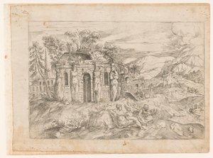 Maisema antiikkitemppelillä, jossa on karyatideja tekijältä Giovanni Battista Pittoni (I) (attributed to)
