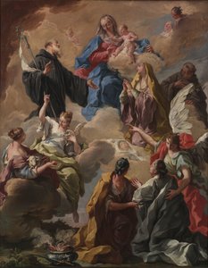 Pyhät esittelevät uskollisen naisen neitsyelle ja lapselle, 1720-luku. tekijältä Giovanni Battista Pittoni