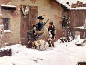 Takaisin metsästyksestä. G.Quadronen maalaus. 1890 Milano