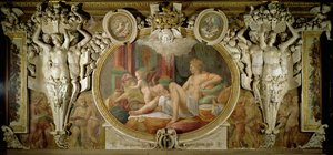 Danae, yksityiskohta Fransiskus I:n gallerian koristelujärjestelmästä, fresko 1530-40. tekijältä Giovanni Battista Rosso Fiorentino