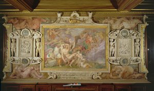 Adoniksen kuolema, yksityiskohta Fransiskus I:n gallerian koristelujärjestelmästä, 1530-40 fresko ja stukki. tekijältä Giovanni Battista Rosso Fiorentino