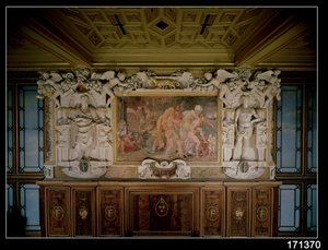 Troijan tai Catanian ryöstäminen, yksityiskohta Francis I:n gallerian koristekuviosta (1494-1547) 1535-40 (fresko ja stukko) tekijältä Giovanni Battista Rosso Fiorentino