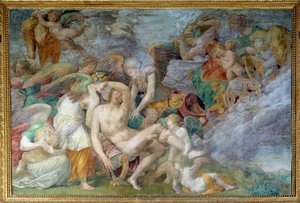 Adonisin kuolema, Fontainebleaun Francois I:n gallerian 5. eteläisen traveen fresko. Giovanni Battista di Jacopo Rosson (1494-1541) maalaus