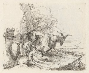 Nymfi, jossa on pieni satyyri ja kaksi vuohetta, Vari capricci (Various Capriccios) tekijältä Giovanni Battista Tiepolo