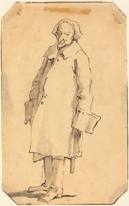 Pitkään päällystakkiin ja saappaisiin pukeutunut seisova mies tekijältä Giovanni Battista Tiepolo