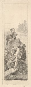 Parrakas, istuva mies katsoo oikean olkapäänsä yli kohti lasta ja naista, jossa on..., n. 1750-55. tekijältä Giovanni Battista Tiepolo
