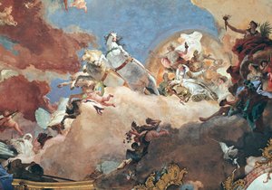Apollo aurinkovaunuillaan kuljettamassa Beatrice I:tä (1145-84) Frederick I Barbarossan (1122-90) luokse keisarillisen huoneen katosta (fresko)