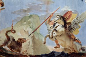 Bellerophon Pegasoksella ratsastaen surmaamassa khimairaa, yksityiskohta kattofreskosta ks. myös 64554. tekijältä Giovanni Battista Tiepolo