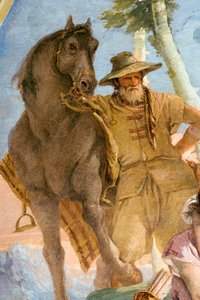 Yksityiskohta talonpojasta, Angelicasta, joka tulee avuksi haavoittuneelle Medorolle, Orlando Furioson huoneesta Palazzinassa, 1757 tekijältä Giovanni Battista Tiepolo