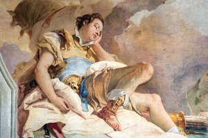 Yksityiskohta Rinaldosta, Armidalta, joka sieppaa nukkuvaa Rinaldoa, Jerusalemin huoneesta, toimitettu Palazzinassa, 1757 tekijältä Giovanni Battista Tiepolo