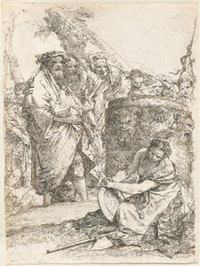 Taikuri ja muut hahmot palavan alttarin edessä, jossa on pääkallo ja luut tekijältä Giovanni Battista Tiepolo