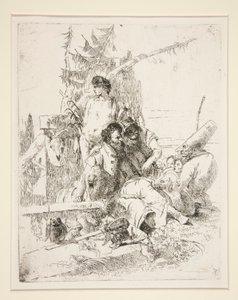 Punchinello puhuu kahdelle taikurille sarjasta Scherzi di Fantasia tekijältä Giovanni Battista Tiepolo