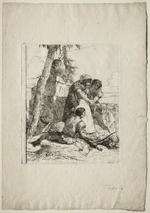 Scherzi di Fantasia: Taikuri osoittaa palavan pään kahdelle nuorelle, 1750-luku. tekijältä Giovanni Battista Tiepolo