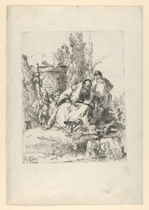 Istuva taikuri, poika ja neljä hahmoa Scherzi di Fantasiasta, n. 1743-50. tekijältä Giovanni Battista Tiepolo