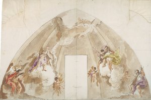 Laulavat ja musisoivat enkelit: Udinen katedraalin kattoa varten tehty piirustus. tekijältä Giovanni Battista Tiepolo
