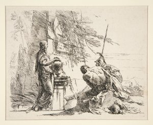 Seisova nainen ja istuva mies ennen obeliskia, sarjasta Vari Capricci tekijältä Giovanni Battista Tiepolo