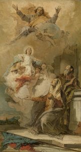 Tahraton sikiäminen (Joachim en Anna vastaanottaa Neitsyt Marian Isältä Jumalalta) Neitsyt Maria, jonka Isä Jumala antoi pyhille Joakimille ja Annalle tekijältä Giovanni Battista Tiepolo