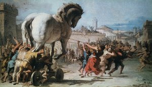 Troijan hevosen kulkue Troijaan, n. 1760 tekijältä Giovanni Battista Tiepolo