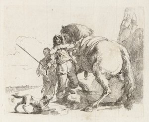 Ratsastaja seisomassa hevosensa luona, kirjasta Vari capricci (Various Capriccios) tekijältä Giovanni-Battista Tiepolo